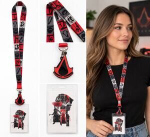 Assassin’s Creed Red, Black & Gray Lanyard with ID Badge Holder & Logo Charm